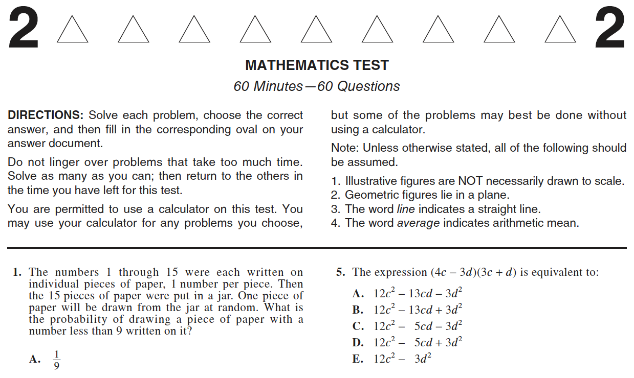 Page 1 of the ACT Math test Form 2176CPRE The numbers 1 through 15