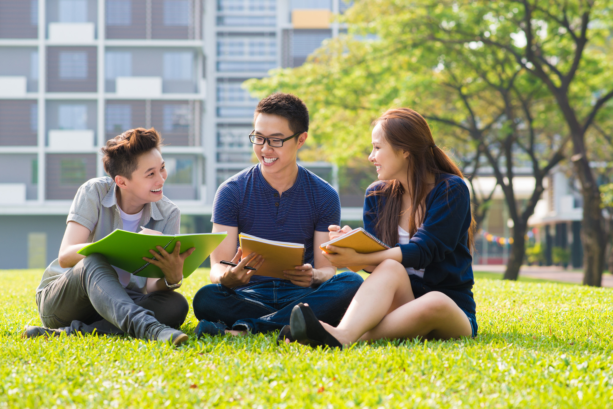 Group of students sharing ideas on the campus lawn. pre-college summer programs