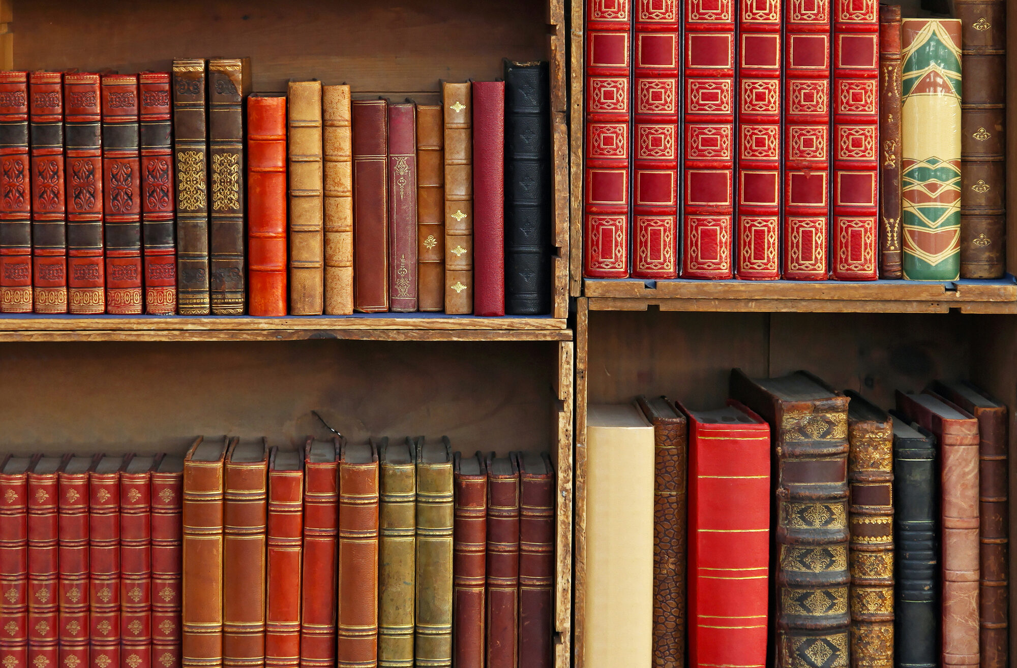 Medieval books in wooden bookcases