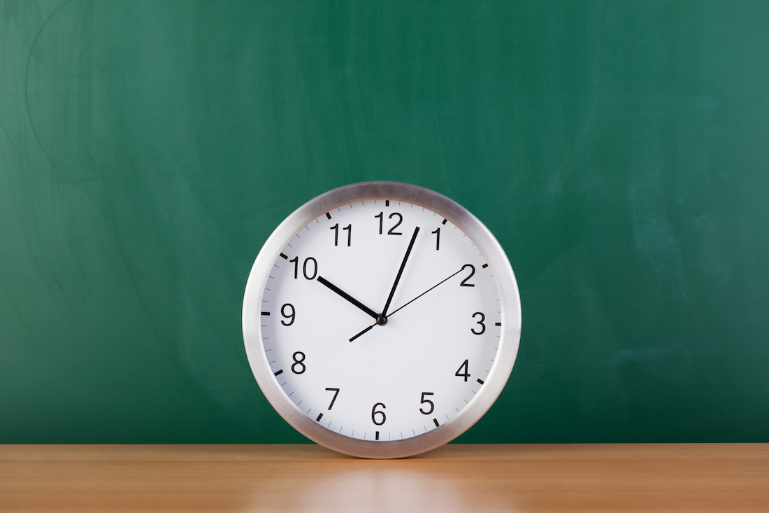 act timing tips, clock against a chalkboard for exam timing.