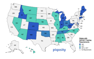 A map chart of the United States, demonstrating which states require the SAT, which require the ACT, and which require either of the two using color. (Updated May 2024)