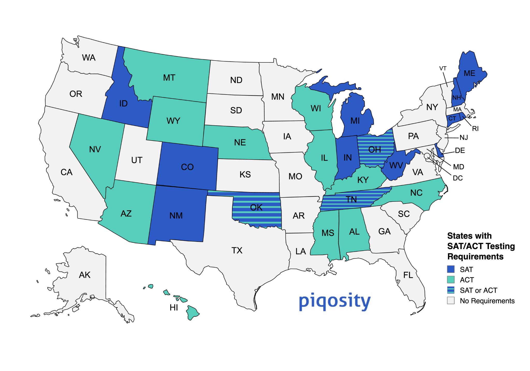 A map chart of the United States, demonstrating which states require the SAT, which require the ACT, and which require either of the two using color. (Updated May 2024)