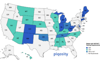 A map chart of the United States, demonstrating which states require the SAT, which require the ACT, and which require either of the two. (Updated Oct 2024)