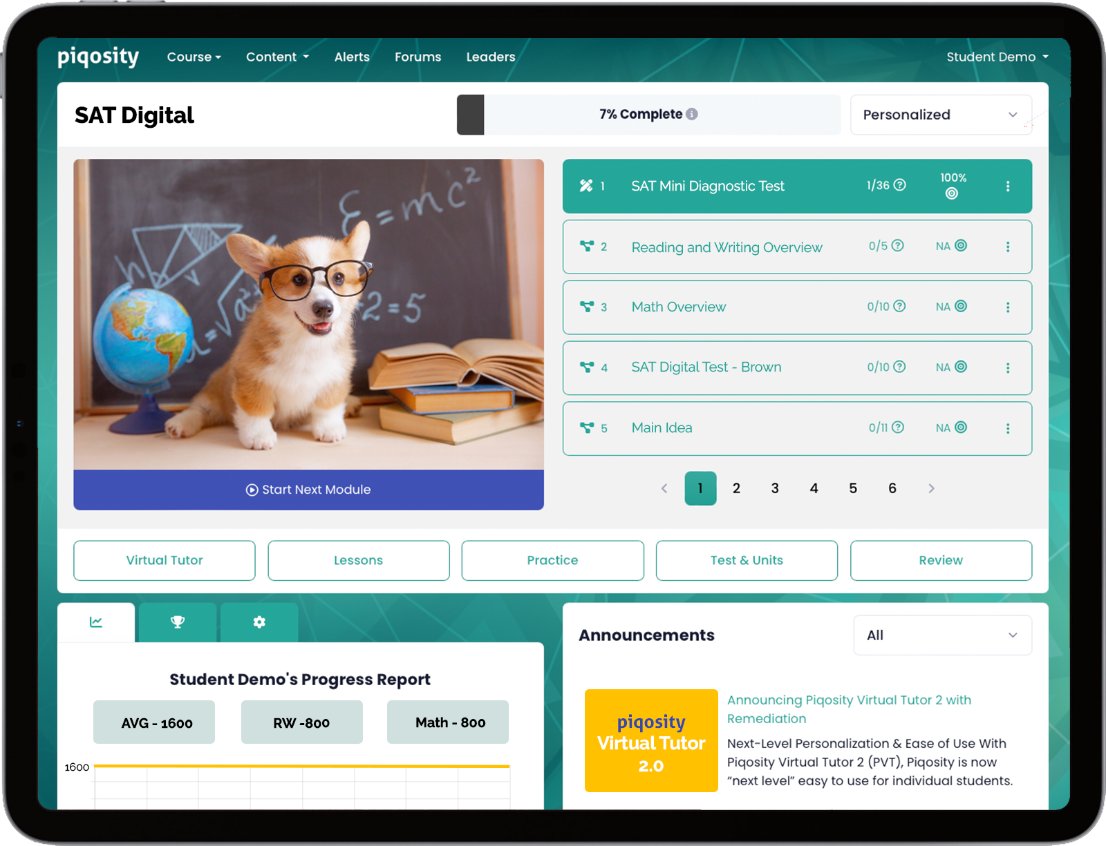 Piqosity Digital SAT student dashboard