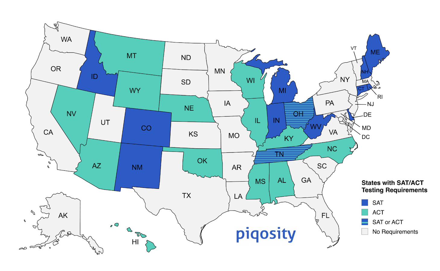 A map of the United States showing which states require students to take the Digital SAT or the ACT. Updated May 2025.