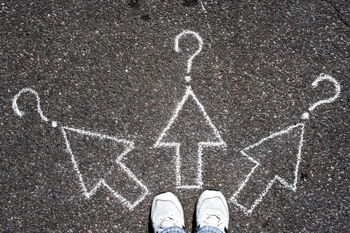 Arrows drawn in chalk on asphalt in front of your steps; students must make difficult choices (like in choosing a career).