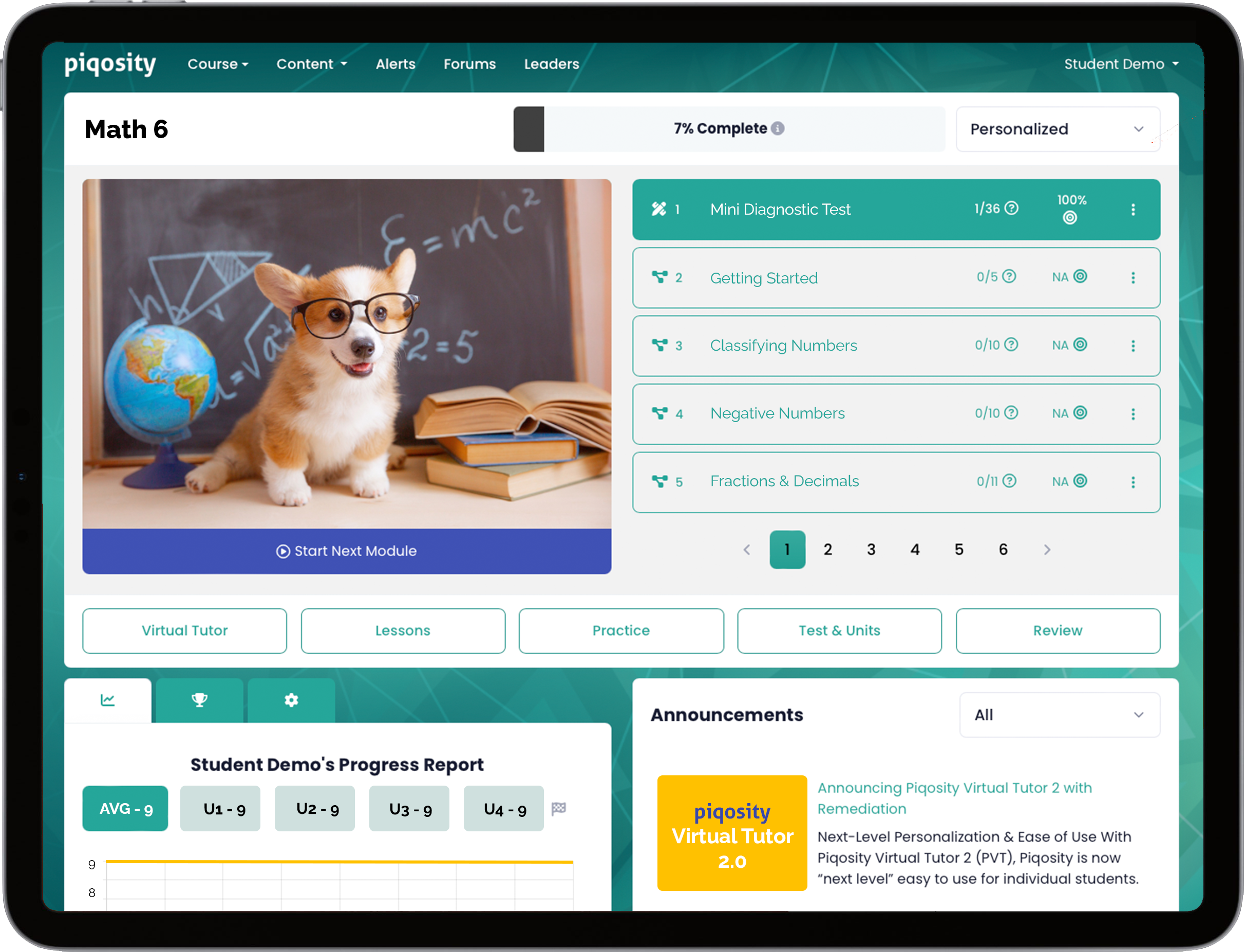 Student dashboard for Math 6 with PVT 2